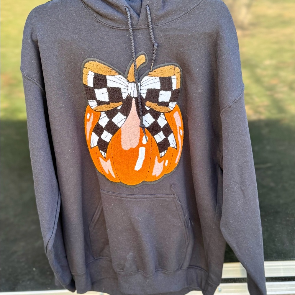 Gildan Black Hoodie with Orange Pumpkin Appliqué and Checkered Bow Detail
